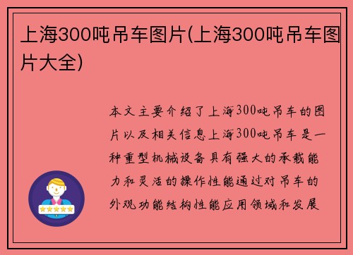 上海300吨吊车图片(上海300吨吊车图片大全)