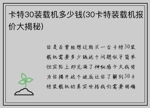 卡特30装载机多少钱(30卡特装载机报价大揭秘)